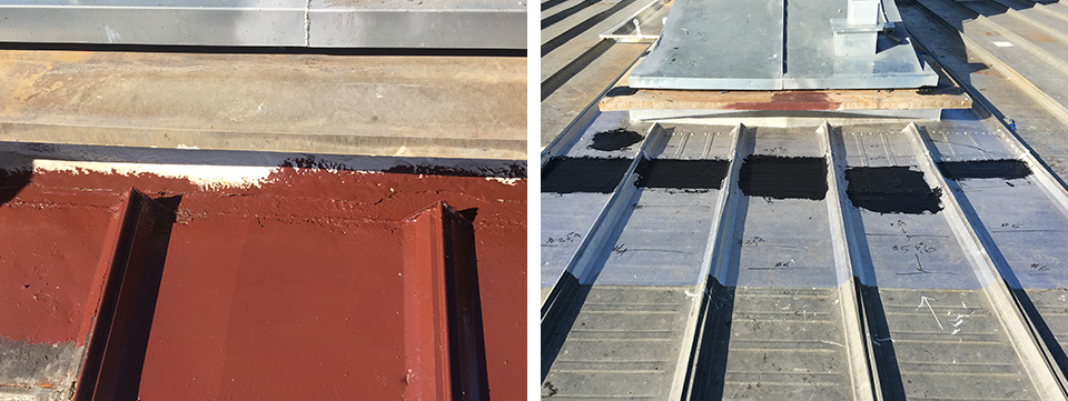 Large 30 Ton HVAC unit upslope curb flange to panel rust-thru with Galvalume repair and restoration with protective walk grate installed